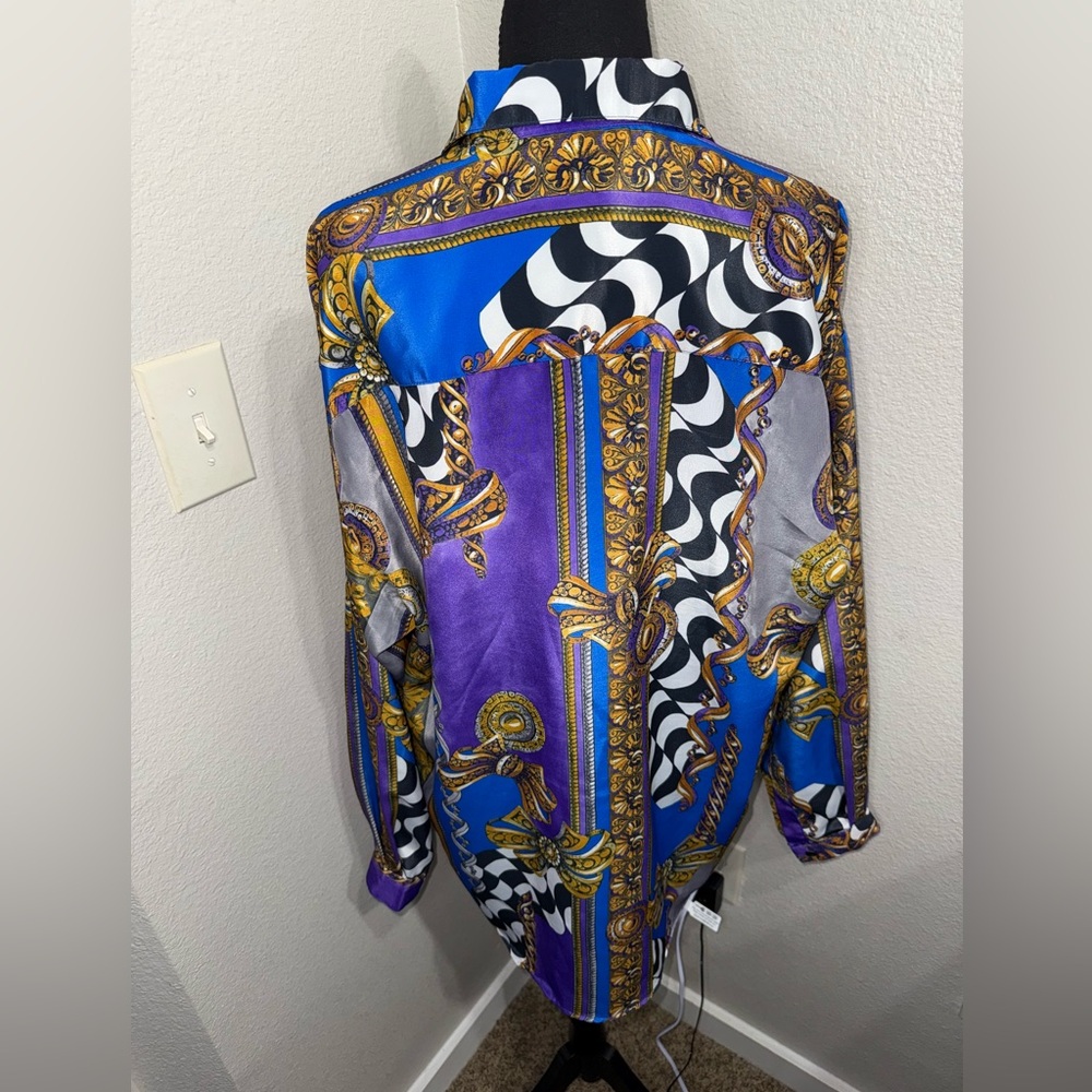 Vintage Sangi Baroque Print Shirt Blue Gold Versacecore Luxe Retro- Sz Medium - Picture 4 of 11